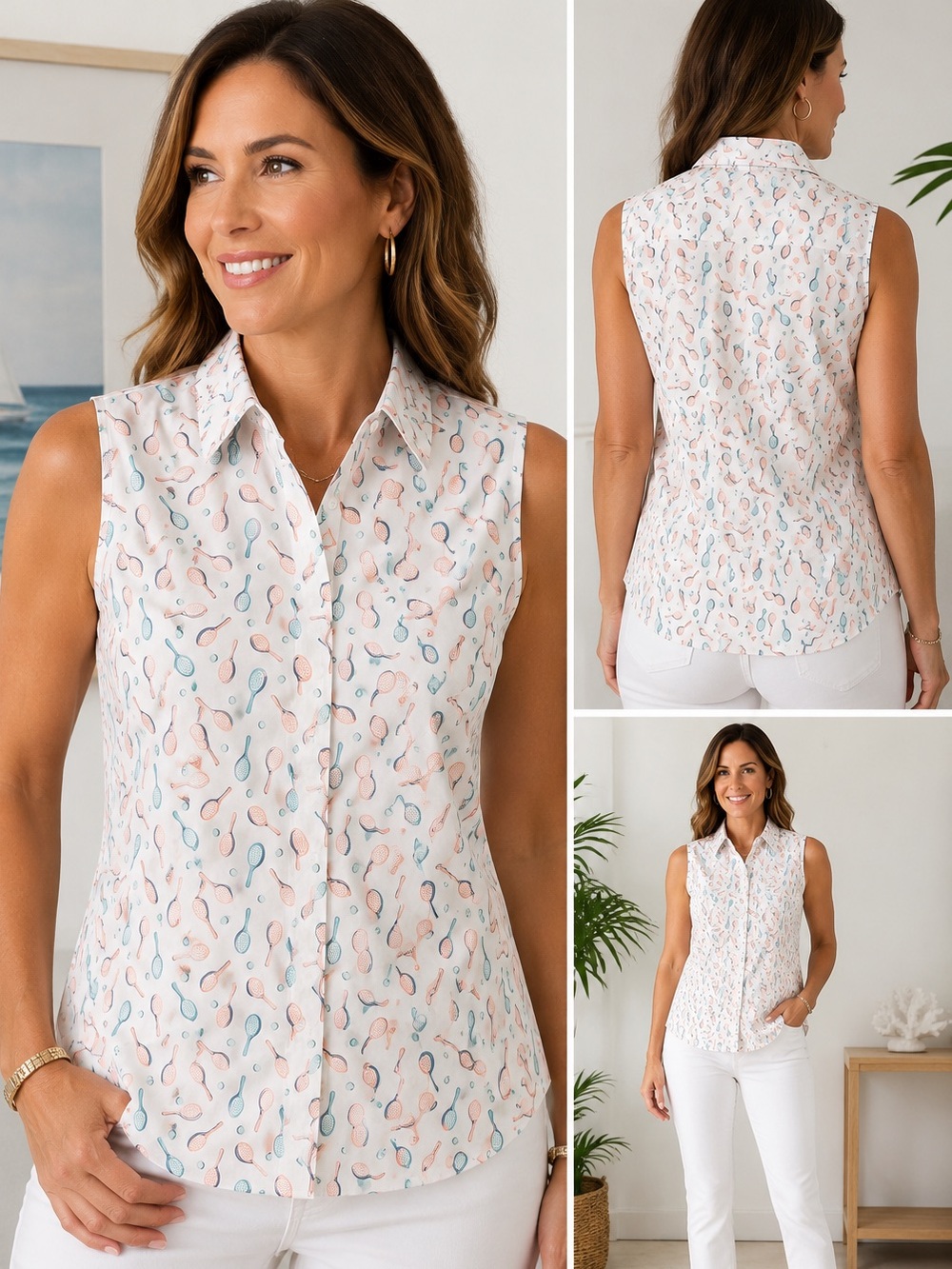 Lands’ End No Iron Supima Cotton Sleeveless Tennis Print Shirt Women’s 14